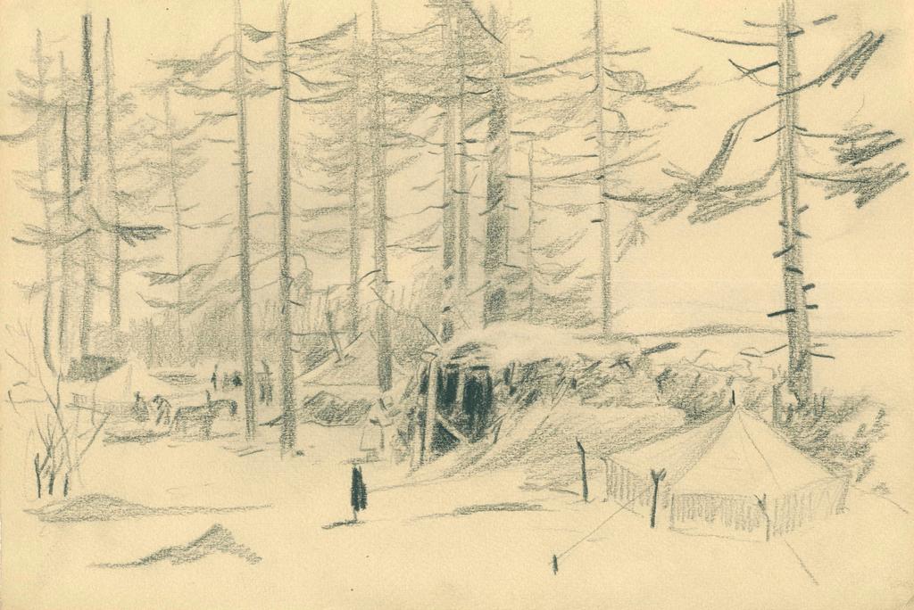Фото №44991. Альменов Б.М. Лагерь в лесу. 1944 г. Бумага, карандаш.