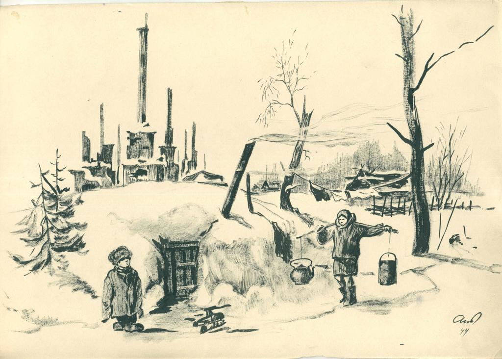 Фото №44995. Альменов Б.М. На развалинах. 1944 г. Бумага, карандаш.