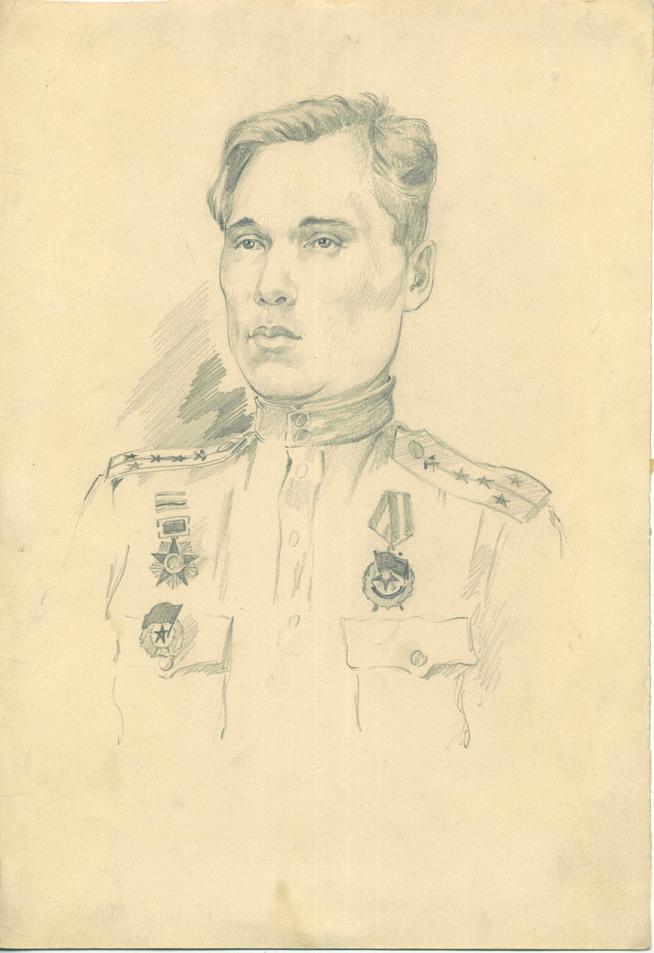 Фото №44999. Альменов Б.М. Портрет гвардии капитана Вдовина Евгения Ильича. 1944 г. Бумага, карандаш.